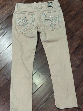 Rock Revival Decker Straight Beige Canvas Jeans Size 38